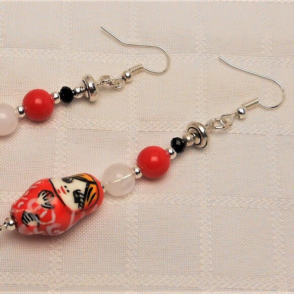 Handmade earrings with ceramic Matryoshka dolls, cat's eye beads - Picture 2 of 2